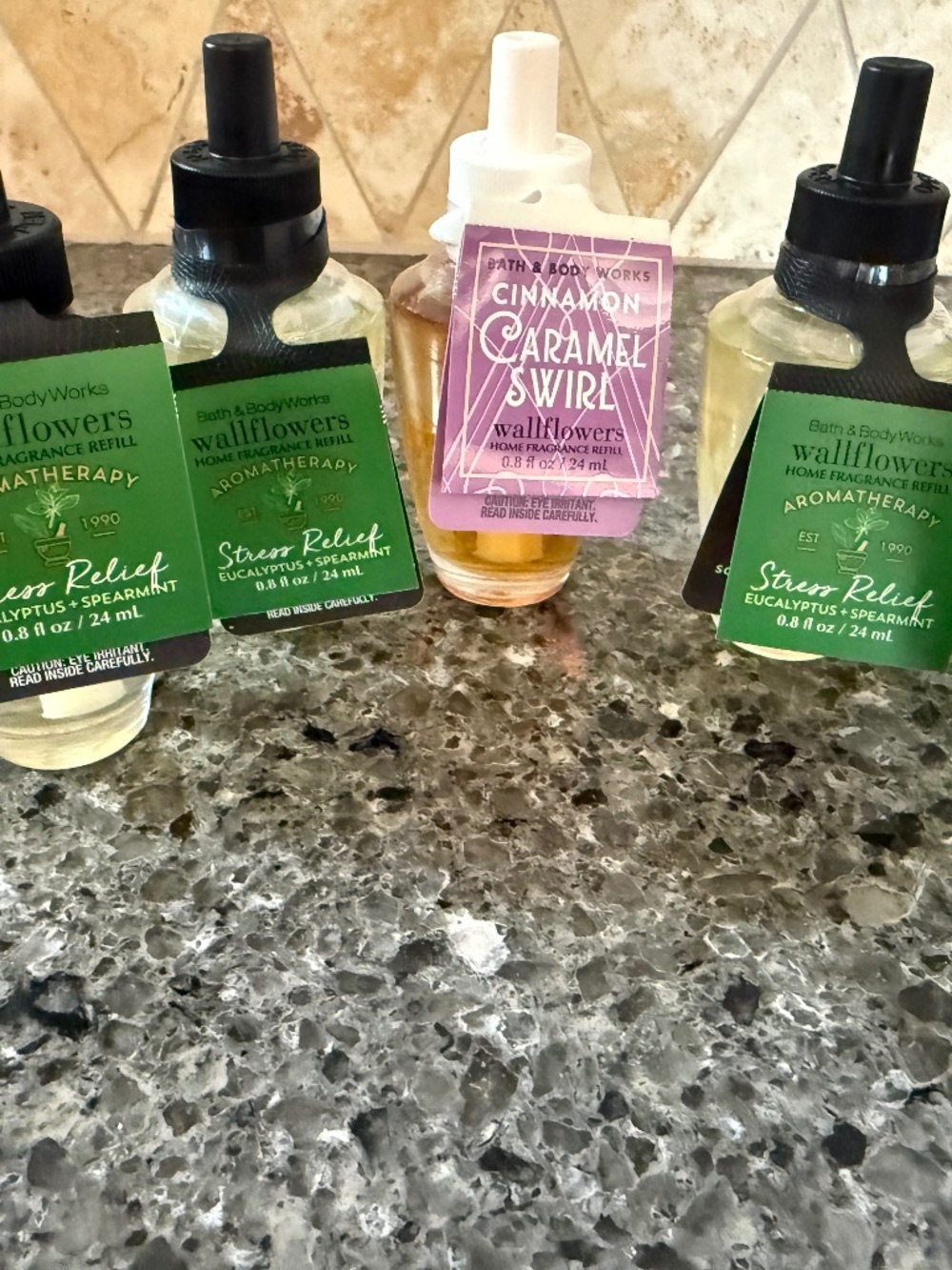 5 Bath & Body Works Wallflower Refills Stress Relief and Cinnamon Carmel Swirl